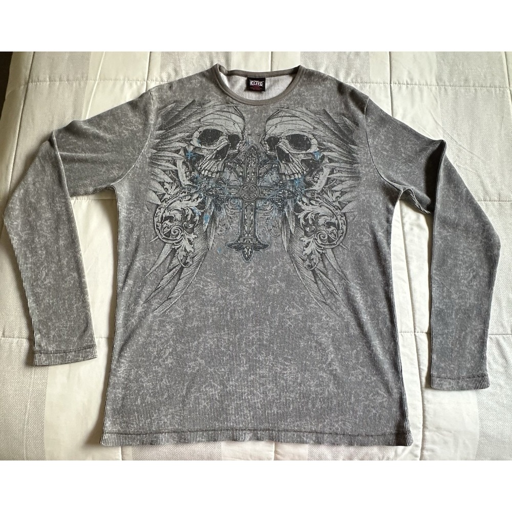 VTG Y2K MMA Elite long sleeve thermal waffle shirt mens cross skulls XL gray